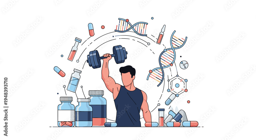 Obraz premium Strong athletic man lifting a heavy dumbbell surrounded by medical icons including DNA strands, pills, and vaccine vials for health.