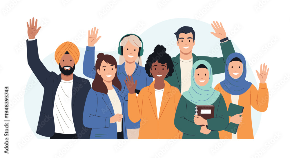 Obraz premium Diverse group of smiling people from different cultures and backgrounds standing together and waving their hands in a friendly greeting.