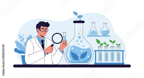 Professional scientist wearing goggles and a lab coat examines plant specimens with a magnifying glass in a modern biology laboratory.