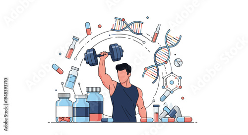 Strong athletic man lifting a heavy dumbbell surrounded by medical icons including DNA strands, pills, and vaccine vials for health.