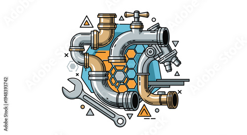 Complex arrangement of metal plumbing pipes and faucets organized in a central cluster with a wrench tool on a white background.