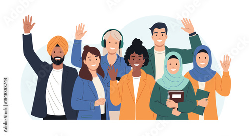 Diverse group of smiling people from different cultures and backgrounds standing together and waving their hands in a friendly greeting.