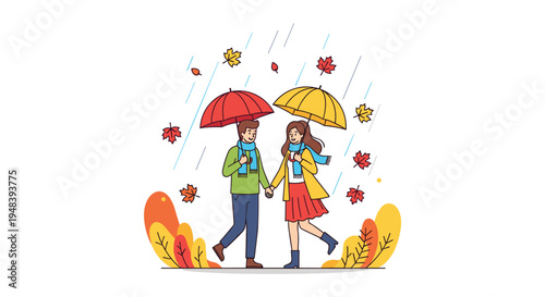 Happy young couple walking together under colorful umbrellas while enjoying a romantic stroll in the rain during a beautiful autumn day.