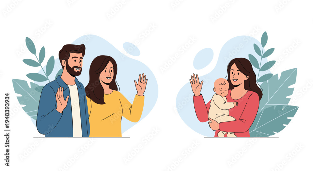 Fototapeta premium Friendly neighbors waving to each other with a young couple greeting a mother who is holding her newborn baby in a pleasant setting.
