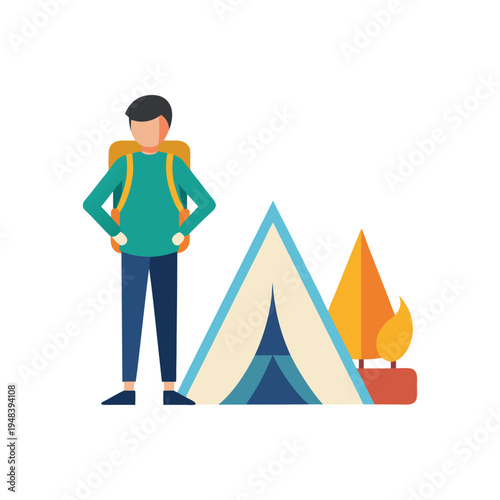 Flat design illustration of a person with a backpack standing next to a tent and stylized trees
