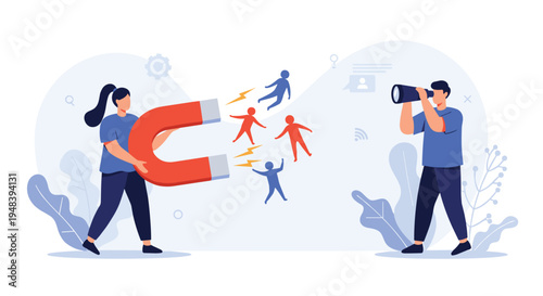 Business concept of customer attraction with a woman using a large magnet to pull people while a man observes through binoculars.