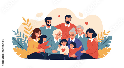 Happy extended family consisting of several generations including grandparents, parents, and children gathered together for a portrait.