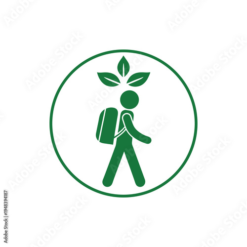 Green journey symbol of a person with backpack and leaves isolated on transparent background for ecofriendly travel concepts