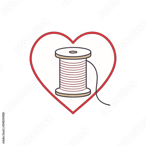Handmade craft concept illustration with thread spool inside a heart shape isolated on transparent background