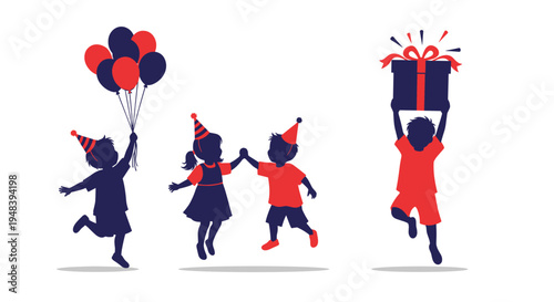 Dark blue and red silhouettes of happy children jumping and celebrating with colorful balloons and a large gift box at a party.