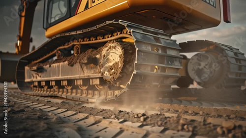 Close up view of a bulldozer track moving on construction site heavy machinery in action