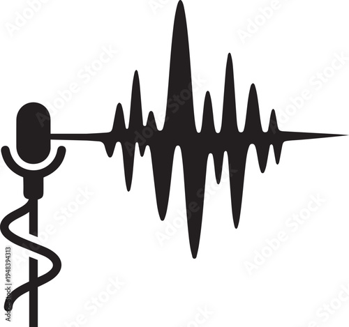Microphone and Sound Waveform Icon in Black and White Representing Audio Recording and Broadcasting