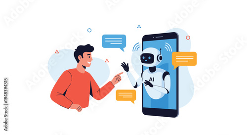 Modern technology concept showing a man interacting with an intelligent AI chatbot assistant appearing from a large smartphone screen.