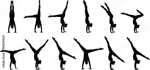 Gymnast handstand silhouette collection acrobatic balance poses set athletic gymnastics movement vector illustration isolated for sport fitness training design