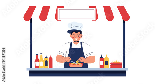 Friendly chef preparing a delicious hot dog at a street food stall with various condiment bottles and an awning in a public setting.