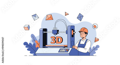 Professional technician operates advanced 3D printer machine to create complex geometric three-dimensional models.