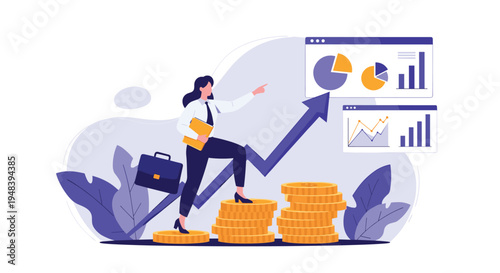 Ambitious businesswoman climbing steps of gold coins to achieve financial growth and success shown by data charts.