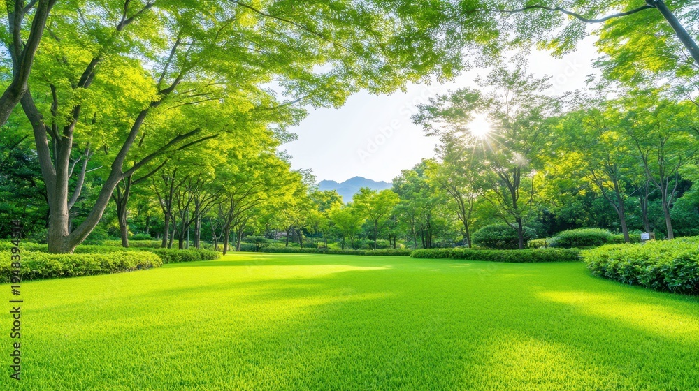 Obraz premium Lush green park lawn with sunbeams filtering through vibrant trees and distant mountains