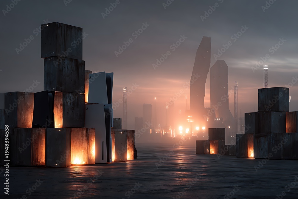 Obraz premium Stacks of assorted small budget travel suitcases on dark studio background images