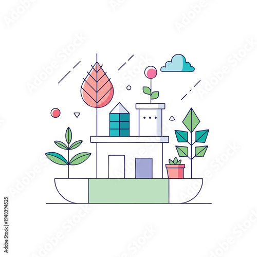Whimsical illustration of a futuristic ecofriendly building with plants and clouds incorporated