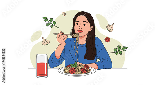 Happy young woman enjoying delicious plate of spaghetti pasta with tomatoes and herbs in cozy indoor setting.