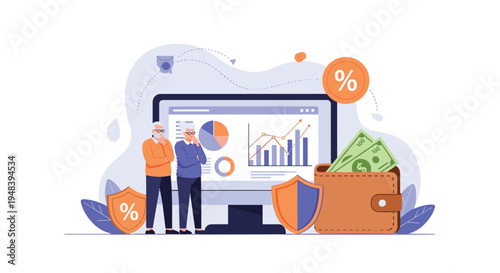 Senior couple analyzing retirement savings and financial investments on computer screen for future security and planning.