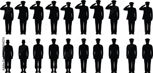 Military soldier salute silhouette collection army uniform standing poses patriotic service member set black soldier figures vector illustration isolated