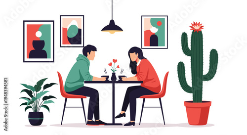 Young couple enjoying romantic coffee date at restaurant table decorated with flowers in warm cozy atmosphere.