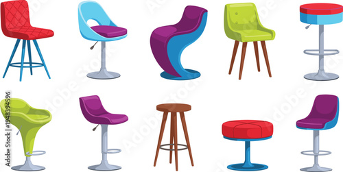 Modern chair and bar stool collection colorful furniture set with contemporary seating designs isolated vector illustration for interior decor concept