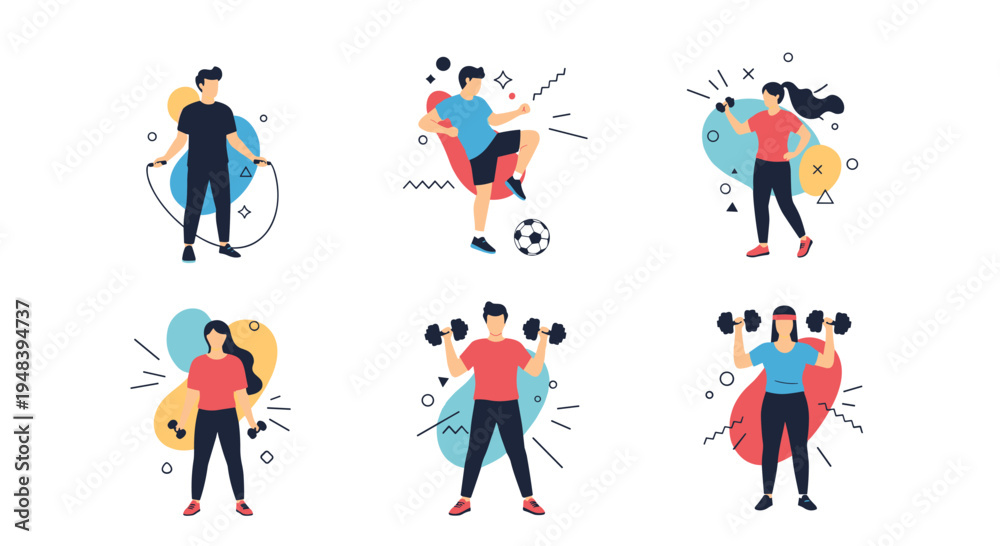 Fototapeta premium Set of people performing different physical exercises including weightlifting football and jumping rope for health.