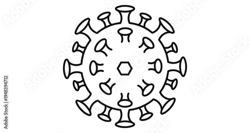 A detailed line drawing depicts the structure of a coronavirus particle showing its spikes