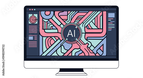 Close-up of a computer monitor displaying a colorful graphic design with the letters 'AI' on a dark background.