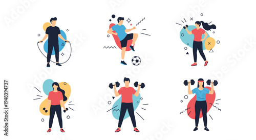 Set of people performing different physical exercises including weightlifting football and jumping rope for health.