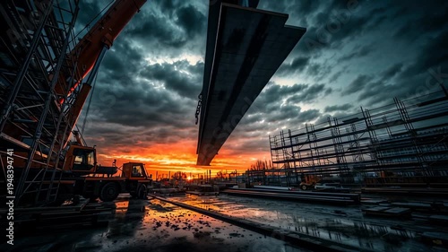Sunset construction site with cranes and workers building a modern urban development