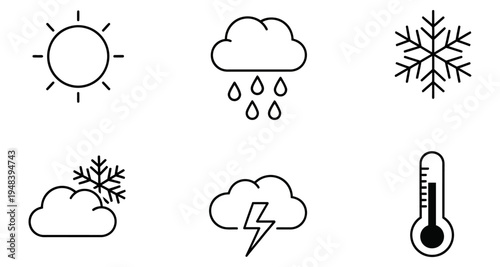 Simple black and white weather icons depicting sun clouds snow and temperature