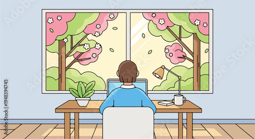 Illustration of a person sitting at a desk in front of a large window with a plant and cup of coffee on the desk.