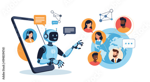Artificial intelligence chatbot on smartphone screen communicating with diverse people globally for digital service.