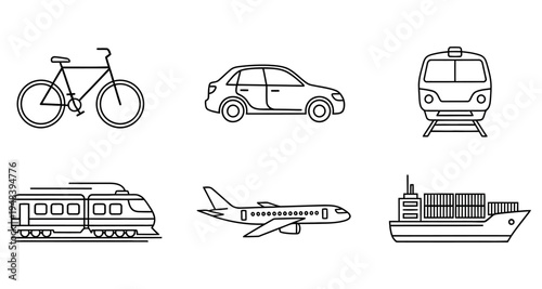 Line art illustration depicting various modes of transportation bikes cars trains and planes
