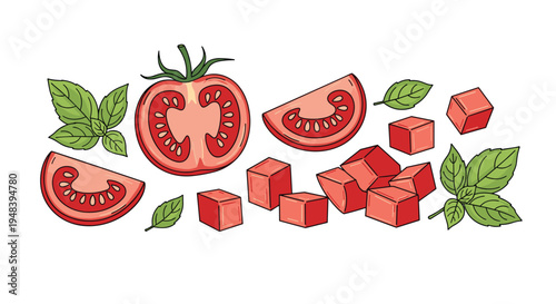 Fresh red tomatoes whole sliced and diced with green basil leaves for healthy cooking and culinary ingredient concept.