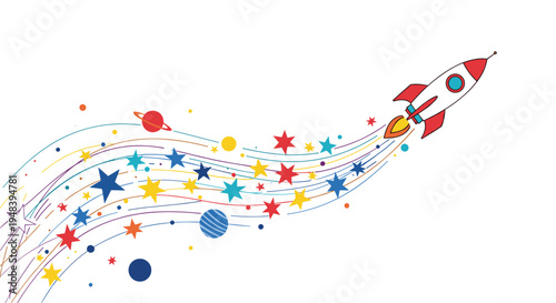 Space rocket launching into sky with trail of colorful stars and planets for innovation and future progress concept.