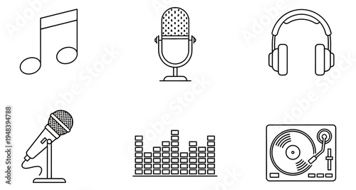 Line art icons depicting musical instruments recording and audio equipment high quality professional