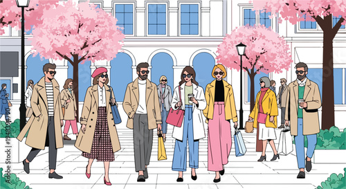 Illustration of diverse people walking on a sidewalk with pink cherry blossom trees and a large building in the background.