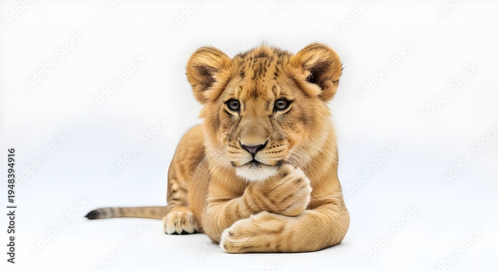 Obraz premium Cute young lion cub resting with gentle expression against a plain background