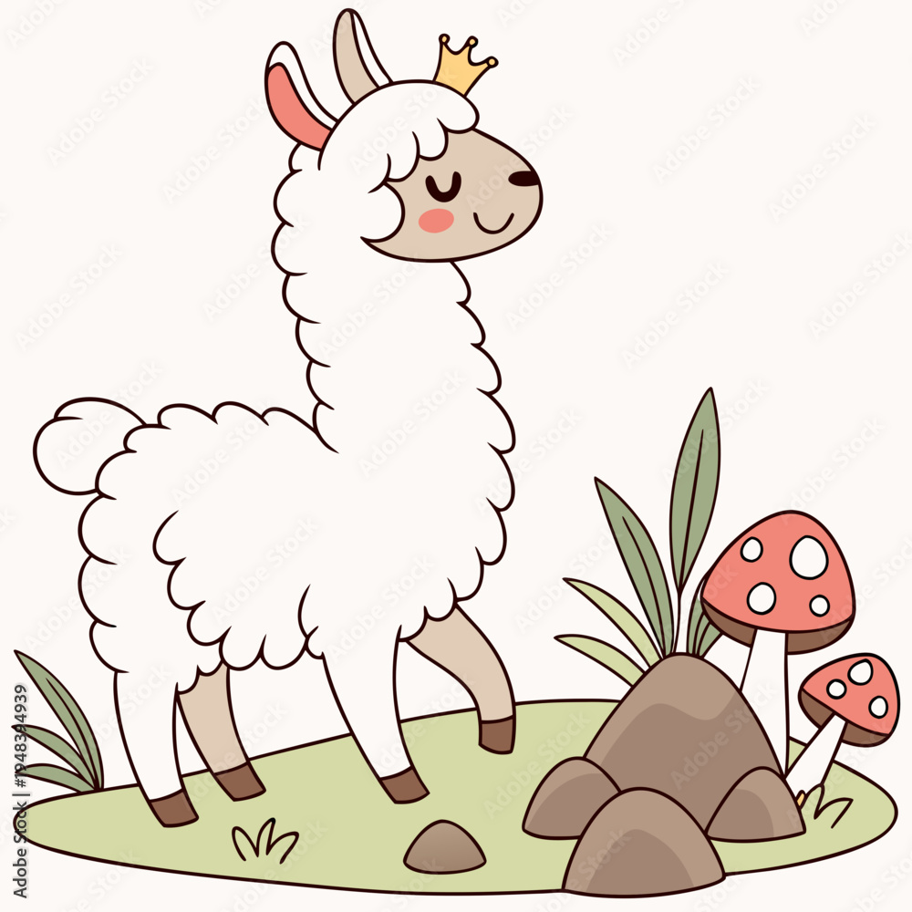 Fototapeta premium An adorable Alpaca with a Mischievous vibe, with a tiny crown, and a Whimsy Woods Fairy forest theme – SVG style