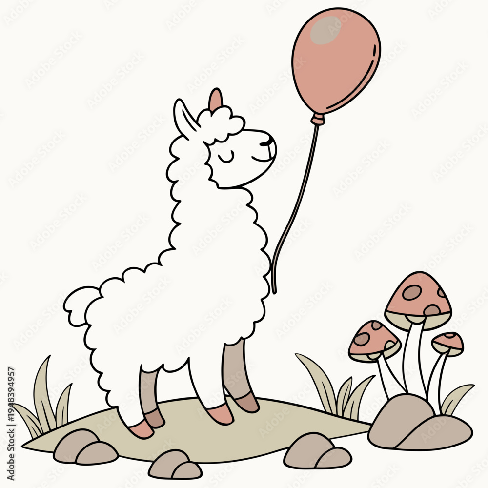 Fototapeta premium A Joyful Alpaca with with a balloon in a Fairy forest theme – Whimsy Woods palette SVG illustration