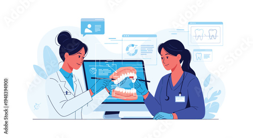 Dentists analyzing three dimensional digital model of human teeth for advanced dental treatment and oral health planning.