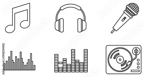 Line art icons representing music production audio equipment and sound waves high quality