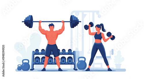 Man and woman training with heavy weights and dumbbells in gym for strength and physical fitness improvement.