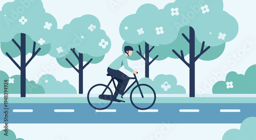 A person rides a bicycle along a road lined with trees on a sunny day with a serene and natural atmosphere.