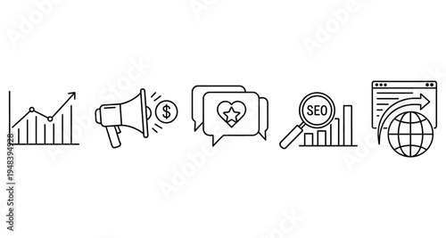 Line art icons representing business growth marketing seo and digital communication high quality
